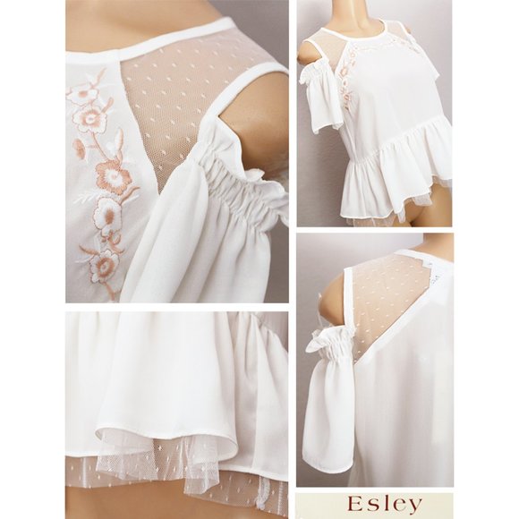 Ivory Embroidery Cold Shoulder Ruffle Peplum Top - Picture 4 of 8